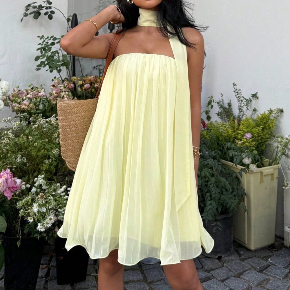 Yellow Casual Women's Ruched Bandeau A-Line Mini Dress